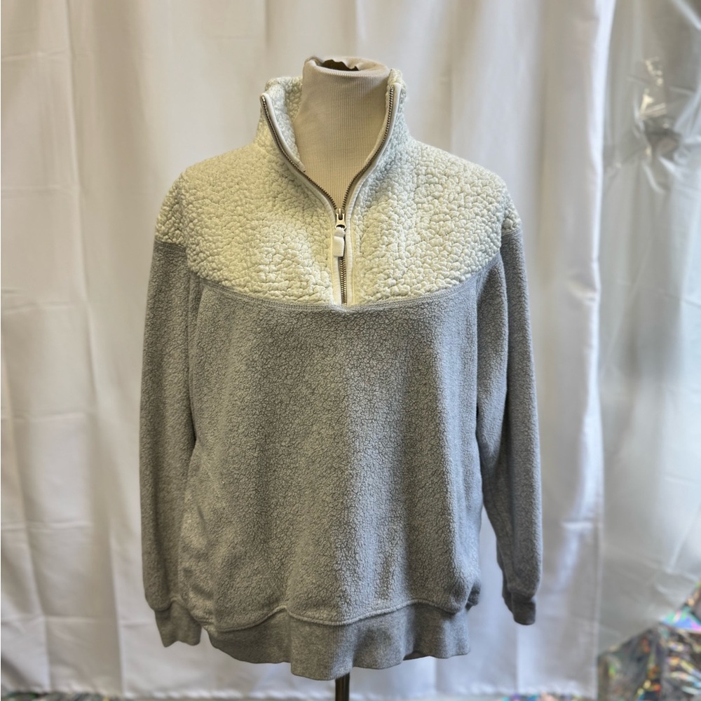 Aerie Womens‎ White And Gray Sherpa Quarter Zip Long Sleeve Pullover Sweater XS